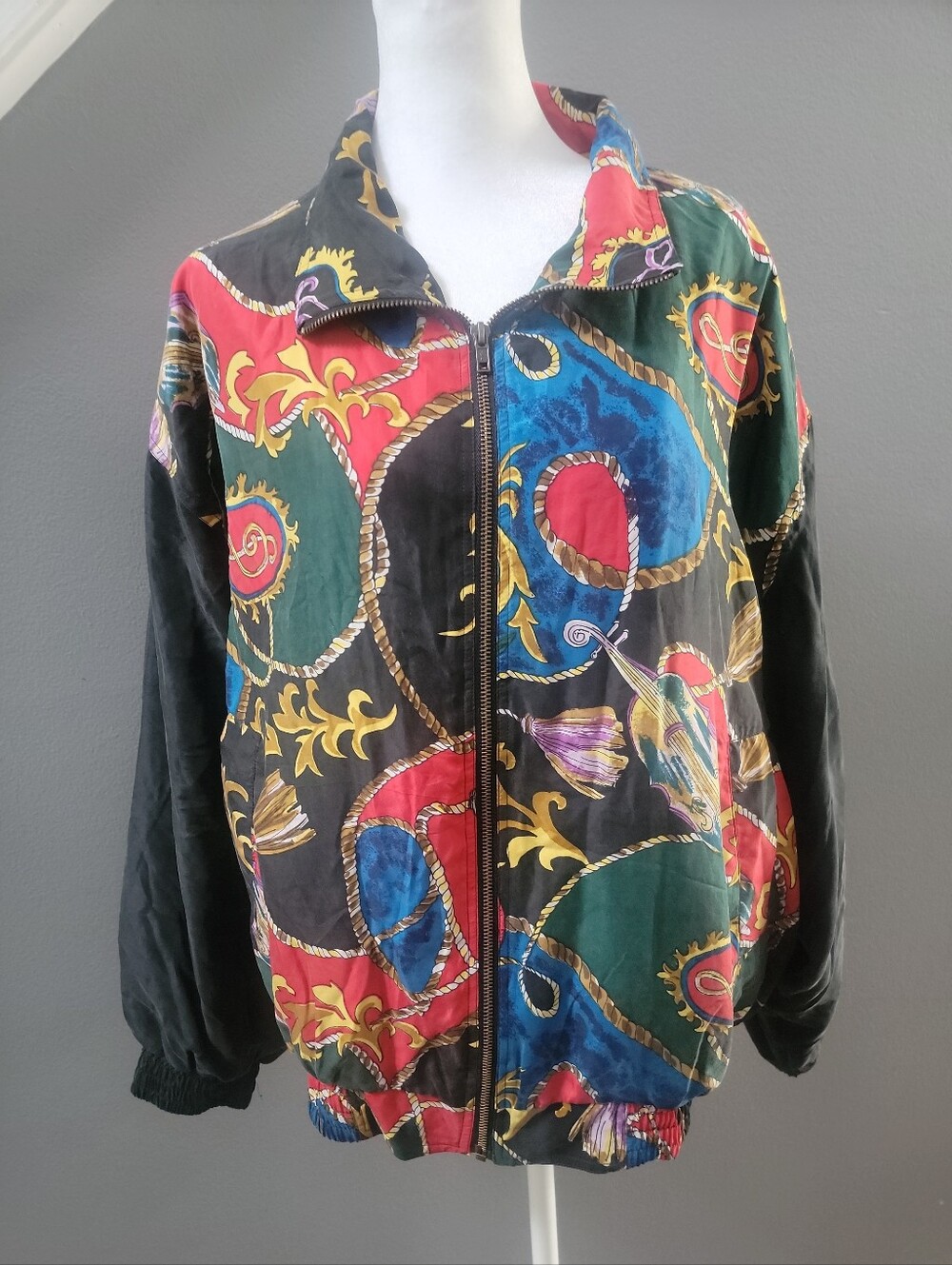 Vtg ECHO PARK Track Jacket Windbreaker Chain Musical Print 100% Silk Zip Up Y2K